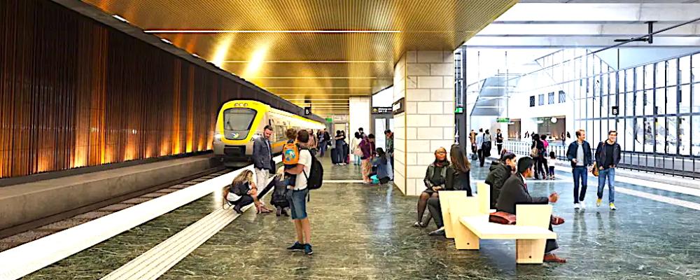 Illustration om framtida stationen i Haga. Den nuvarande kostnadsbilden för Västlänken är fortfarande oklar. Trafikverket aviserar att man inom kort kommer att presentera en ny samlad prognos för hela projektets slutkostnad. Illustration: TMWR för Kanozi Arkitekter via Trafikverket.