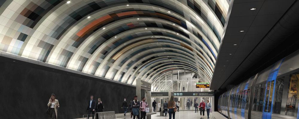 Illustration av plattform Arenastaden, en av de tre nya stationerna längs nya sträckan av gröna linjen som nu uppförs av Region Stockholm. Bild: Region Stockholm/&Rundquist.