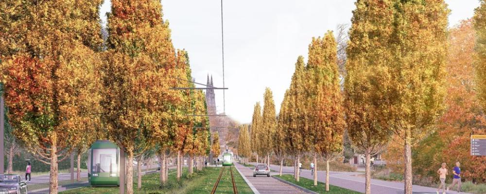 Illustration av framtidens spårväg förbi Dag Hammarskjölds i Uppsala. Visionsbild: Arkivbild/White arkitekter