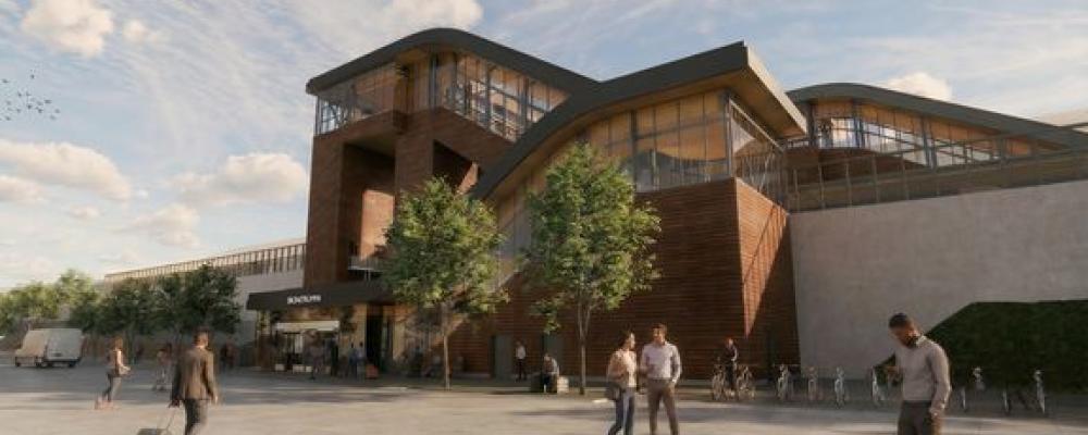 Bergsbrunna station är dimensionerad för att kunna ta emot 30 000 resenärer dagligen när den står klar 2034. Här sedd från den östra sidan. Illustration: SWECO/Trafikverket