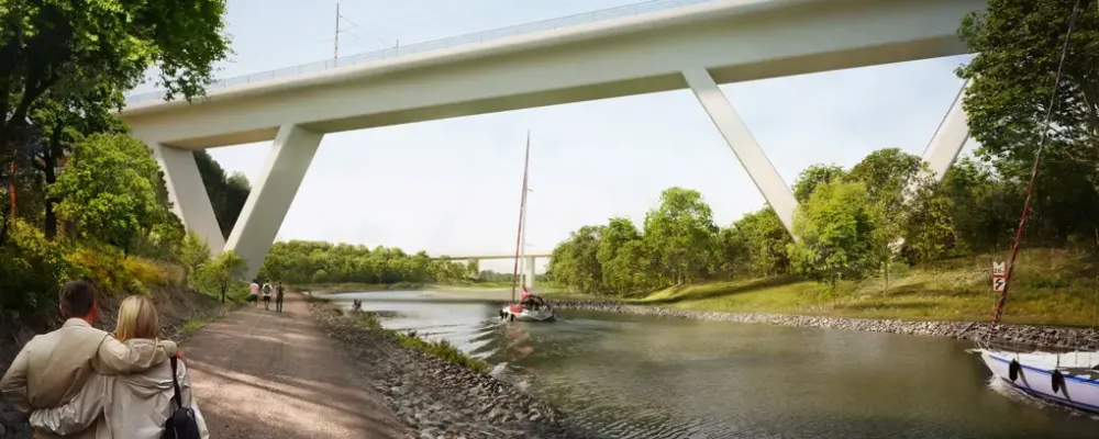 Illustration av delar av bro över Göta kanal mot norr, med E4:ans befintliga bro i bakgrunden. Illustration: Trafikverket