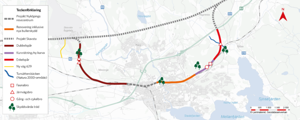 Kartan visar omfattningen av projekt Nyköping Bibana, med entreprenadgränser mot anslutande projekt, nya broar, skyddsvärda miljöer, uppdelning dubbel- och enkelspår samt renoveringen av befintlig bana. Karta: Trafikverket