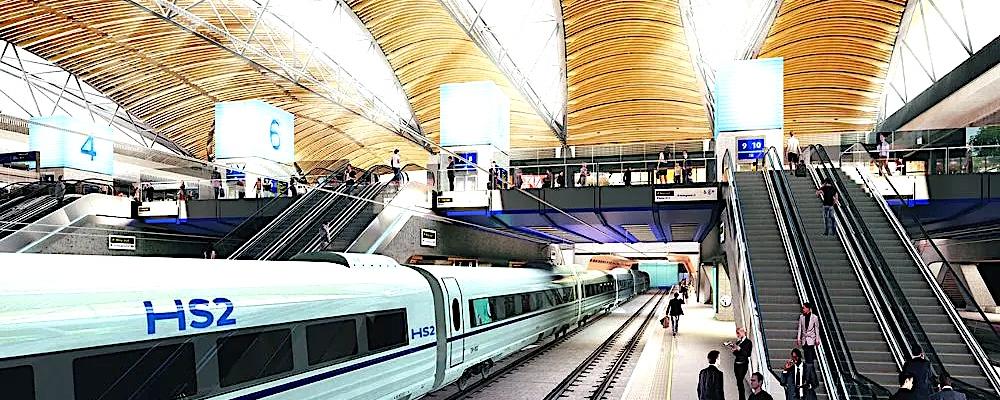 Illustration om nya Euston station. HS2, eller High Speed Two, har beskrivits som det mest ambitiösa järnvägsprojektet i Storbritannien på flera generationer. Det ska binda samman London med städer som Birmingham, Manchester och senare även Leeds, med höghastighetståg i upp till 360 kilometer i timmen. Bild: HS2-projekt