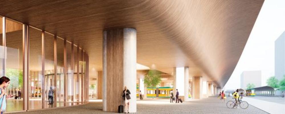 Nya centralstationen med indragna glasfasader. Bild: Wingårdh Arkitektkontor.