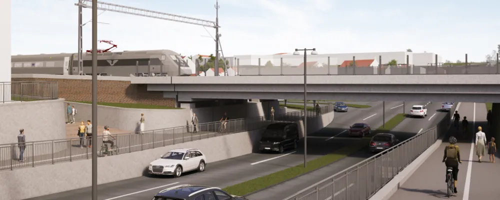 Visionsbild av hur Brunnsgatan kommer att se ut när resecentrum är klart, sett från söder.
Foto: Foto: WSP Sverige AB