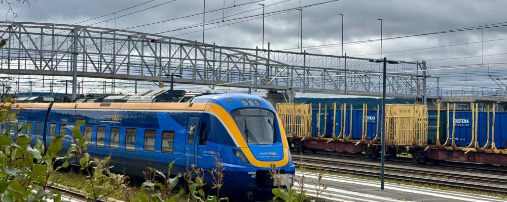 Ett persontåg från Norrtåg passerar bangården i Östersund, med godsvagnar i bakgrunden. Foto: Stina Wickenberg