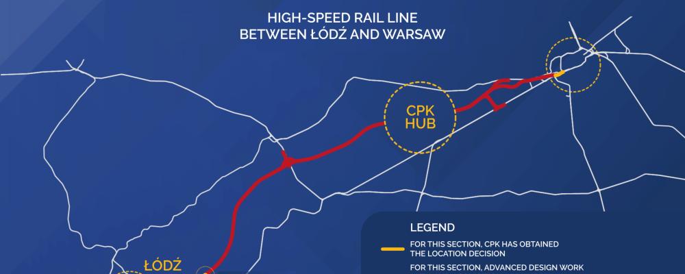 Översiktskarta över CPK:s planerade höghastighetsjärnväg mellan Warszawa och Lodz, som ingår i det större Y-nätet. Karta: CPK
