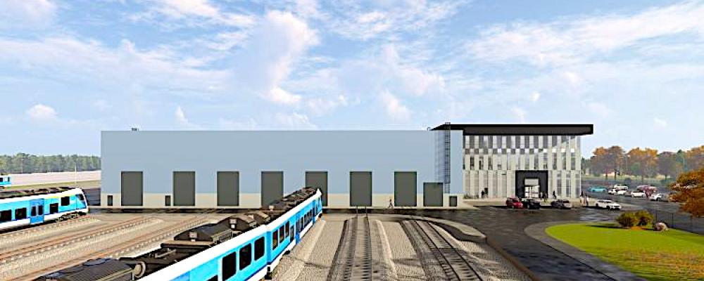 Det nya rullmaterieldepån i Rae kommun i Harju ska bli det största i Baltikum och samla underhåll och drift för Rail Baltica i Estland. Illustration: Rail Baltica / WKZ