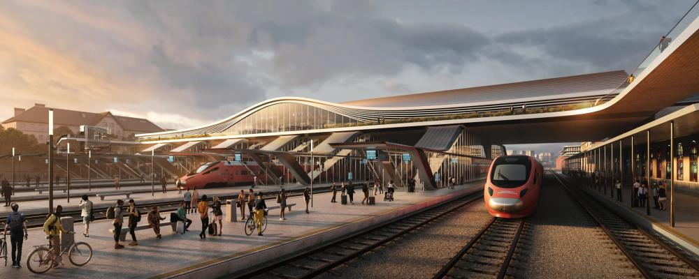 Riga Centralstation byggs om från grunden till internationell standard, och även flygplatsterminalen anpassas för den nya järnvägen. Dessa knutpunkter är avgörande för projektets passagerarprognoser, men har också varit bland de mest kostnadsdrivande delarna. Bild: Rail Baltica.