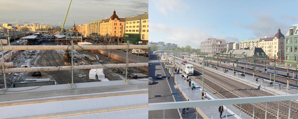 Till vänster syns Karlstad C i december 2024 med vy mot väster från gångbron Trädgårdslänken. Till höger en illustration som visar anläggningen när utbyggnaden är färdig.Foto: Trafikverket/White