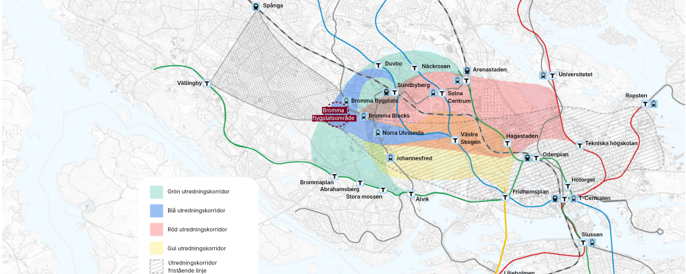 Karta som visar utredningskorridorer samt infrastruktur år 2045, vilket är utgångsläget för lokaliseringsutredningen. Bild: Region Stockholm