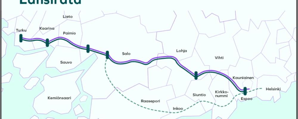Den första etappen omfattar sträckorna Esbo–Vichtis–Lojo, Salo–Hajala samt Nunna–Kuppis. Karta: Västbanan projektet