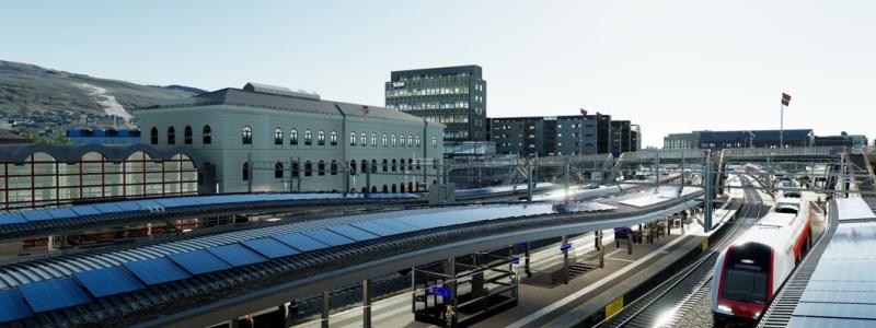 Illustration av Drammens restaurerade station med solpaneler på taket. Bild: Norconsult/Bane NOR, kredit Baezeni