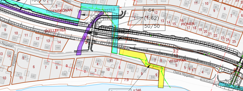 Gult område visar var VA-arbetet på Östra Nygatan för att förbereda för Norrbotniabanan väntar. Karta: Skellefteå kommun