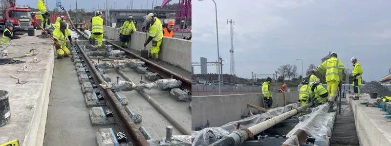 Spåren monterades på betongblock medan de låg på marken, innan hela anläggningen lyftes upp till rätt höjd. Foto: Trafikverket
