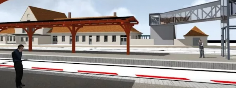 Illustrationen visar ett förslag på väderskyddad gångpassage över spåren till perrongerna. Bild: Trafikverket