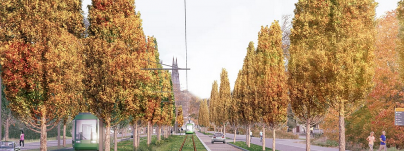 Spårvägen längs Dag Hammarskjölds väg. Illustration: White Arkitekter).