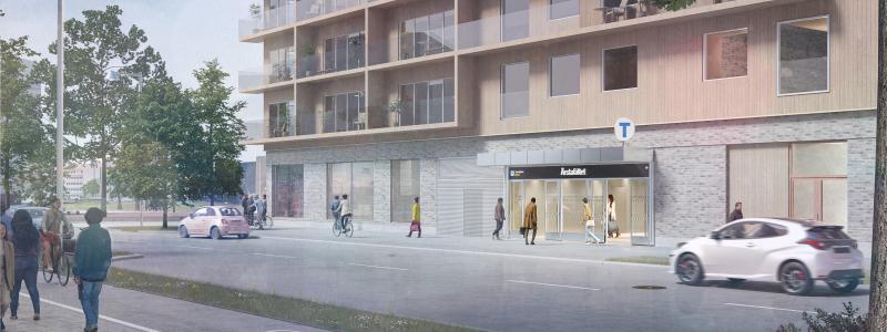 Visionsbild av station Årstaberg på den nya Gula linjen. Bild: Region Stockholm/&Rundquist