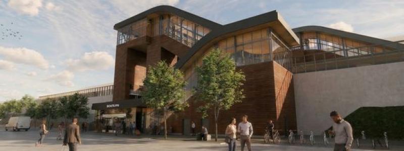 Bergsbrunna station är dimensionerad för att kunna ta emot 30 000 resenärer dagligen när den står klar 2034. Här sedd från den östra sidan. Illustration: SWECO/Trafikverket