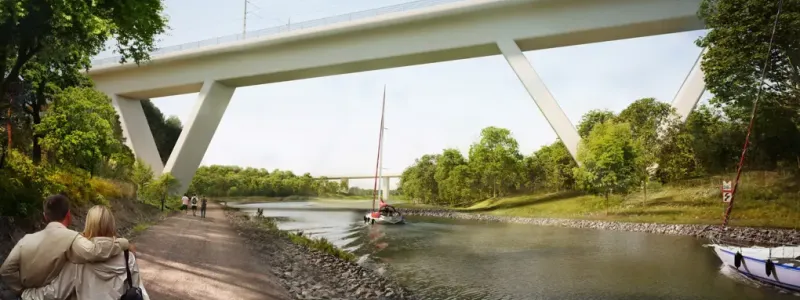 Illustration av delar av bro över Göta kanal mot norr, med E4:ans befintliga bro i bakgrunden. Illustration: Trafikverket