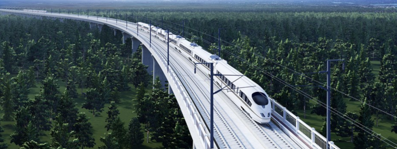 Illustration av Skanskas vision av höghastighetståg på brobanor. Bild Skanska/CRIG