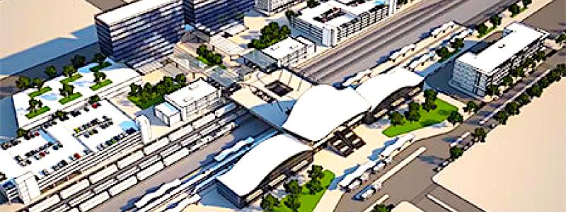 Burbank Airport Station kommer att ligga väster om Hollywood Way och öster om Hollywood Burbank AirportExternal Link. Den raffinerade underjordiska stationen för höghastighetståg kommer att ligga i anslutning till den framtida Hollywood Burbank Airport-ersättningsterminalen External Link, som kommer att ge en möjlighet att direkt länka samman dessa två viktiga transportnav. Bild: California High-Speed Rail Authority,