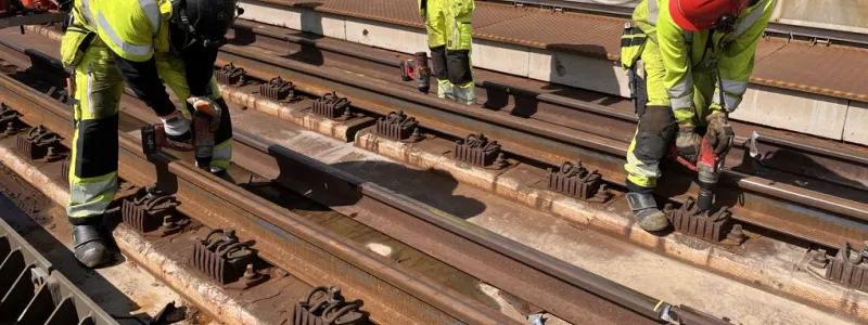 Den nya rälen sätts fast med bultar. Foto: Trafikverket