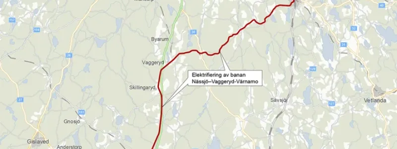 Järnvägen mellan Nässjö och Värnamo. Karta: Trafikverket