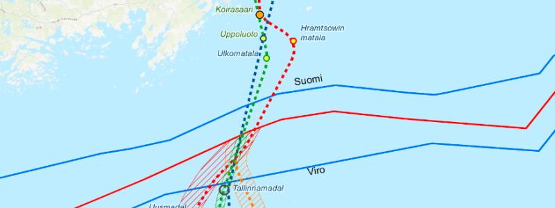 Olika tidigare undersökta möjliga tunnelsträckningar mellan Helsingfors och Tallinn. Klicka på krysset för att kunna se hela kartan. Bild: Finest Bay Area Development Oy