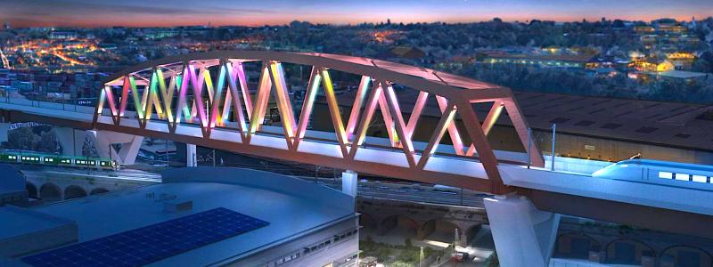 Bellingham-bron i Birmingham har planerats att bli en del av höghastighetssträckan HS2. Premiärministern Rishi Sunak vill dock, enligt mediauppgifter, spara pengar genom att begränsa HS2 till en sträcka mellan västra London och Birmingham. Illustration: HS2