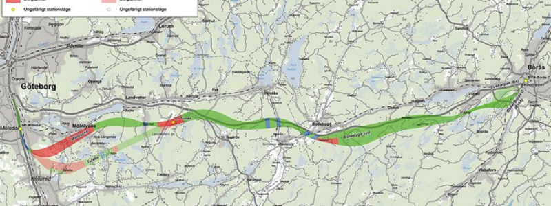 Trafikverkets förslag till tågkorridor för en ny järnväg mellan Göteborg och Borås  Karta: Trafikverket