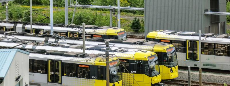 Manchester Metrolink depå med ett antal spårvagnar. Foto: Wikipedia Commons Lic, kredit: Peter McDermott