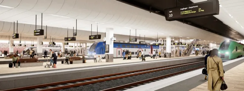 Ny plattformsmiljö – bredare, längre och tryggare plattformar. Visionsbild: Trafikverket