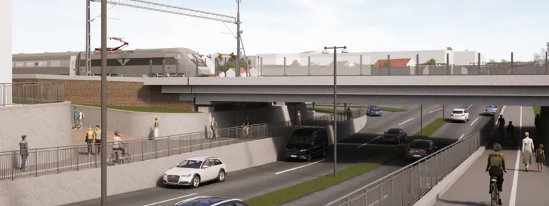 Visionsbild av hur Brunnsgatan kommer att se ut när resecentrum är klart, sett från söder.
Foto: Foto: WSP Sverige AB