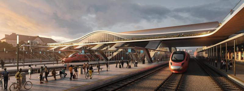 Riga Centralstation byggs om från grunden till internationell standard, och även flygplatsterminalen anpassas för den nya järnvägen. Dessa knutpunkter är avgörande för projektets passagerarprognoser, men har också varit bland de mest kostnadsdrivande delarna. Bild: Rail Baltica.