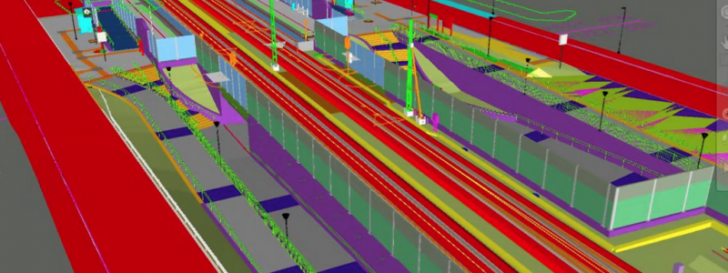 Kattarps station utmed Västkustbanan. Bro och stödmurar längs järnvägen, samt bullerskyddsåtgärder. Modell i Tekla Structures