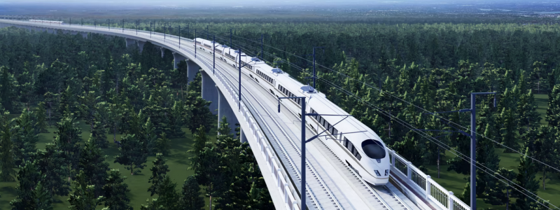 Höghastighetsbana på pelare som går genom landskapet. Illustration: Skanska