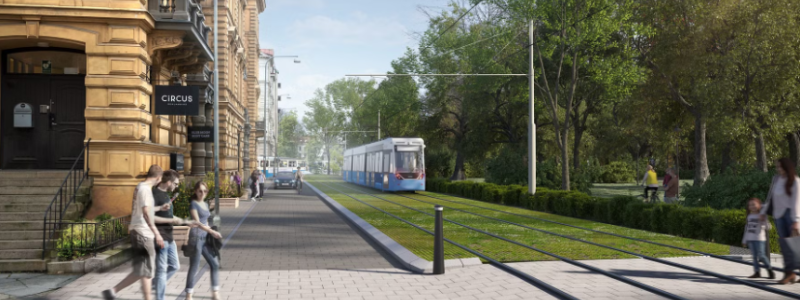Spårväg i Alléstråket är ett av ärendena på stadsbyggnadsnämnden i oktober. Pressbild: Göteborgs Stad Visualisering: Krook och Tjäder.