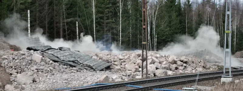 Sprängsalvan lösgör stora mängder berg för att ge plats åt det nya dubbelspåret. Foto: Stefan Bratt/Trafikverket