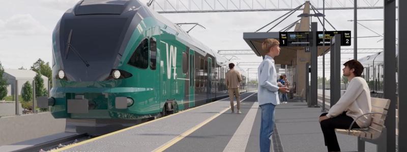 Dubbelspåret fortsätter över Tangenhalvön, där ett nytt stationsområde byggs nordväst om det nuvarande. I norra delen av kommunen går spåret både längs de befintliga järnvägsspåren och i ny terräng. Stange station byggs om och kommer att se ut som ny. Illustration: Eleda