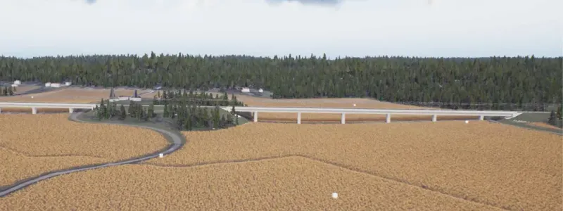 Passage på landskapsbro över Tunsättersbäckens dalgång, vy från söder. Illustrationen är hämtad ur VR-modellen, en digital modell av järnvägsanläggningen och dess omgivning. Bilden är preliminär och visar inte exakt hur den färdiga anläggningen kommer att utformas. Illustration: Trafikverket