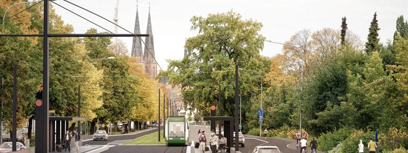 Spårvagnar ska minska trängseln på gatorna och säkra hållbara kommunikationer för Uppsalabor och pendlare.
Illustration: White