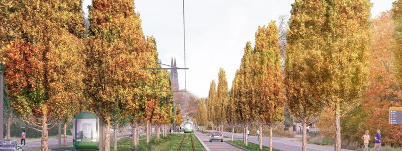 Spårväg förbi Dag Hammarskjölds väg i Uppsala. Visionsbild: Illustration  White arkitekter