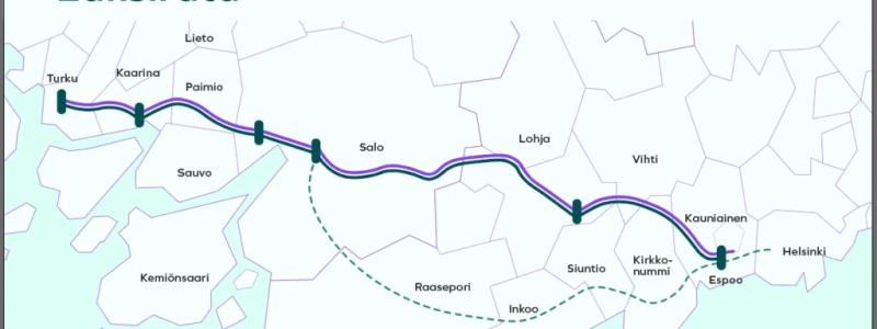 Den första etappen omfattar sträckorna Esbo–Vichtis–Lojo, Salo–Hajala samt Nunna–Kuppis. Karta: Västbanan projektet