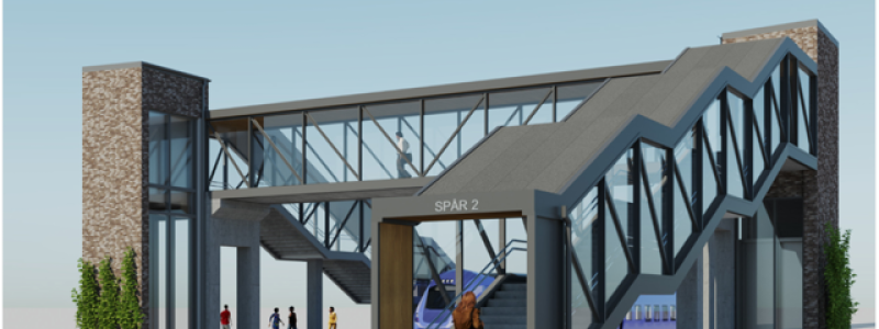 Visionsbild av den gångbro som ska byggas på Gantofta station. Bild: Trafikverket