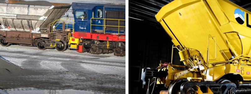 Till vänster en vagn för transport av finkorningt material. Till höger pelletsvagnar modell F050 i LKAB:s flotta. Foto: Kiruna Wagon