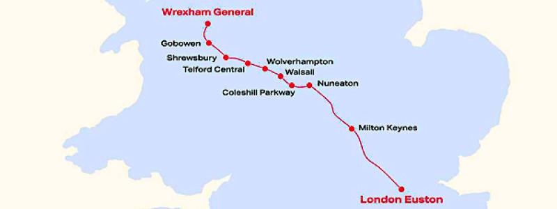 Projektet går under namnet "Wrexham, Shropshire and Midlands Railway". Karta: WSMR