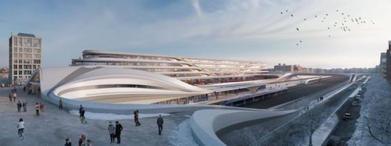 Visionsbild av det framtida stationsområdet i Upplands Väsby. Illustration: Zaha Hadid Architects