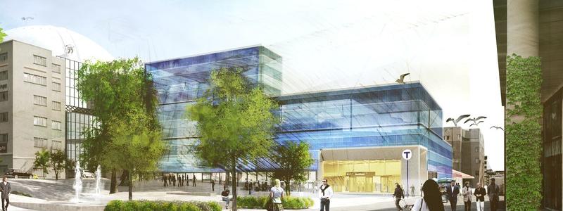 Visionsbild av ingången till nya tunnelbanan Station Slakthusområdet. Illustration: Region Stockholm