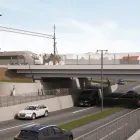 Visionsbild som visar järnvägsbron och Brunnsgatan när bygget är klart. Illustration: Trafikverket